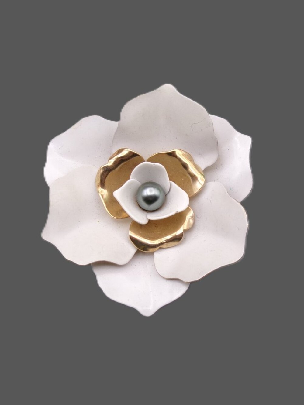 Sarah Coventry Camellia Flower Brooch, White Enamel Gray Faux Pearl, Vintage